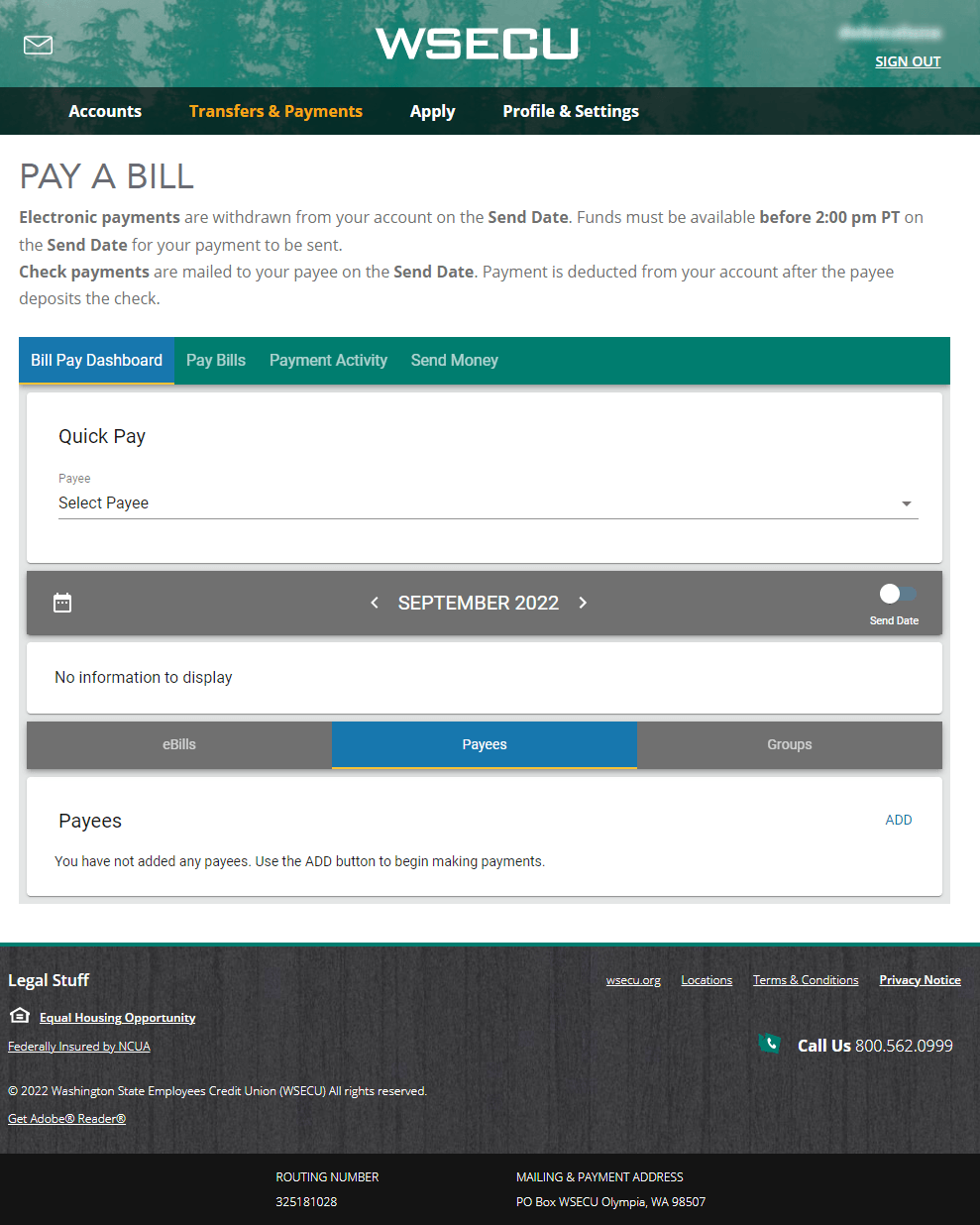 Screenshot of bill pay platform